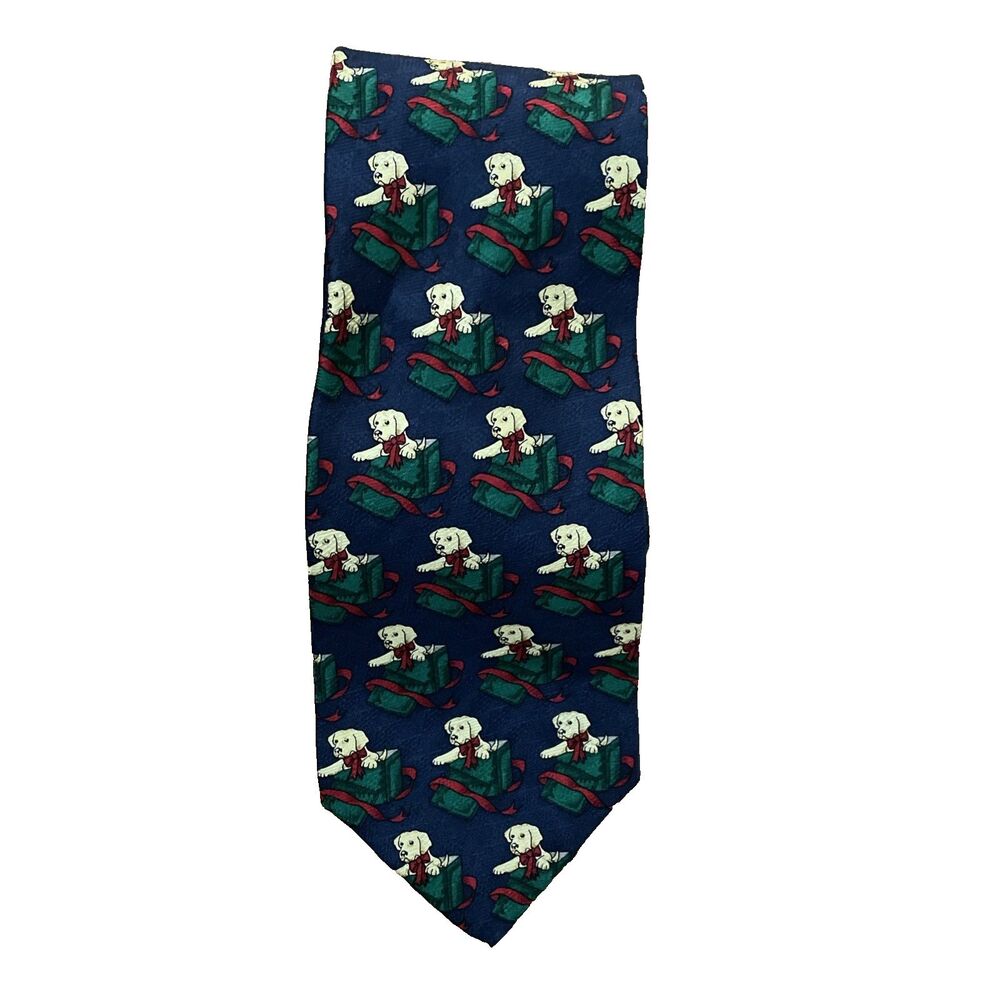 Barbara Blank New York VTG Christmas Silk Tie Golden Retriever Dog Present Blue